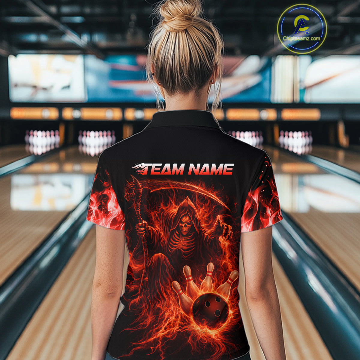 Personalized Red Flaming Grim Reaper Bowling Team Shirts For Women Bowling Polo & 1/4-Zip Jersey NYN2776