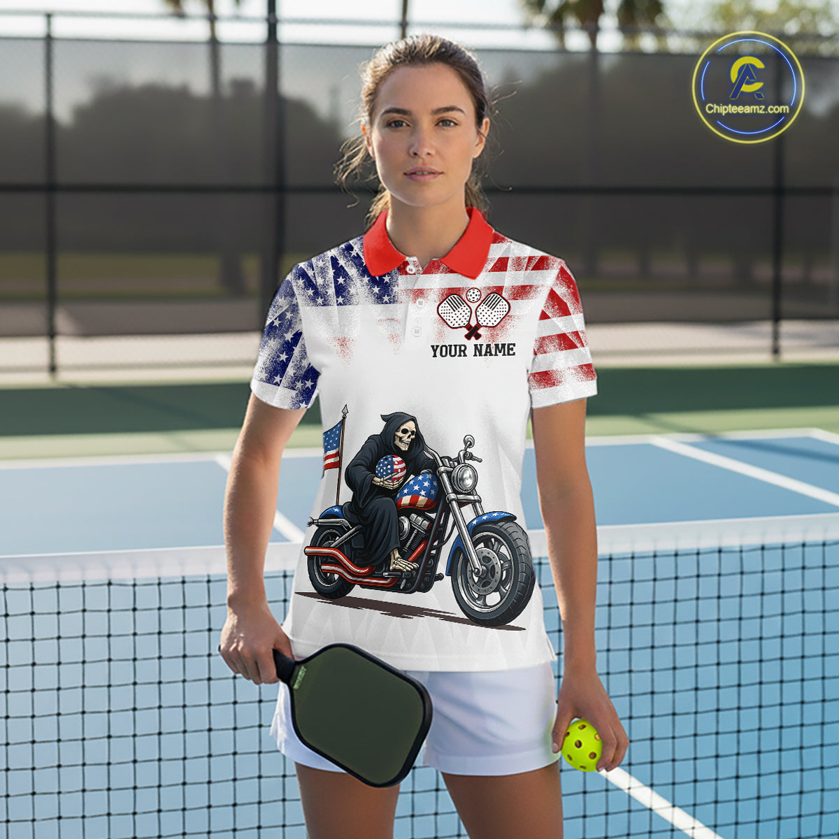 Custom Grim Reaper Motorcycle Pickleball Jersey For Women Patriotic Pickleball Paddle Shirts NYN2132