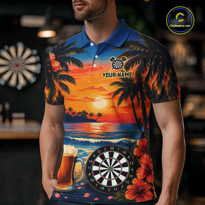 Male model wearing Funny Beer & Dartboard darts polo, custom pub league jersey, tropical performance apparel, personalized dart tournament clothing, championship team shirt, beer enthusiast sportswear