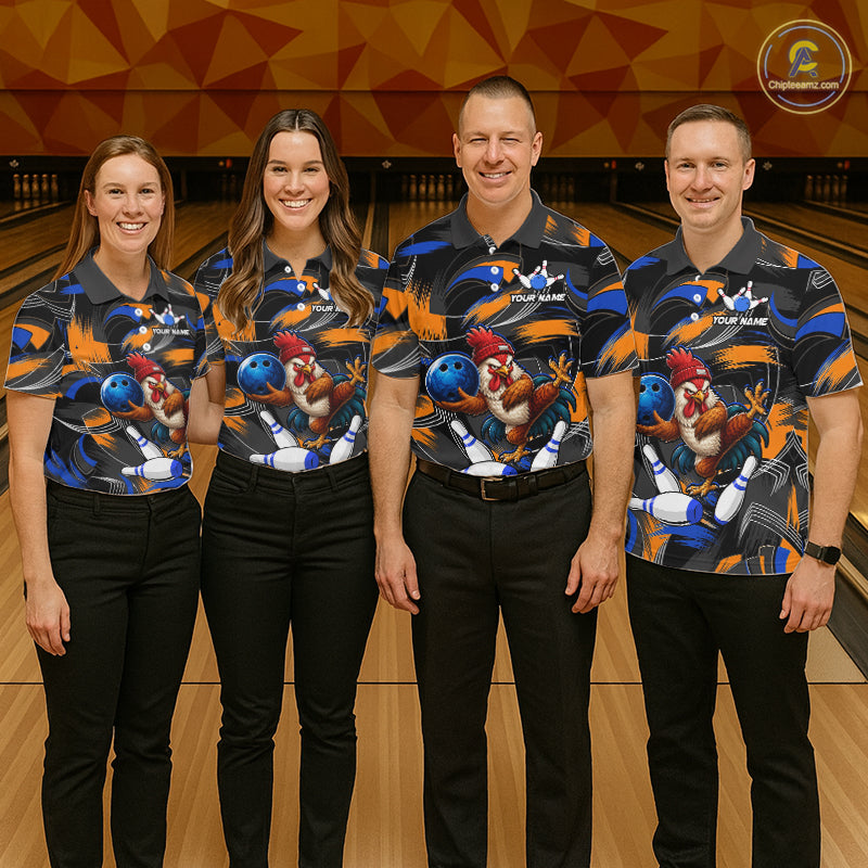 Blue And Orange Funny Rooster Bowling Shirts For Women Personalized Bowling Team Name Outfits NYN3980
