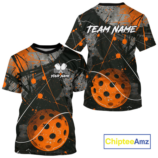 Custom Black Grunge Orange Pickleball Ball T-Shirt For Men Splatter Pickleball Jerseys NYN1601