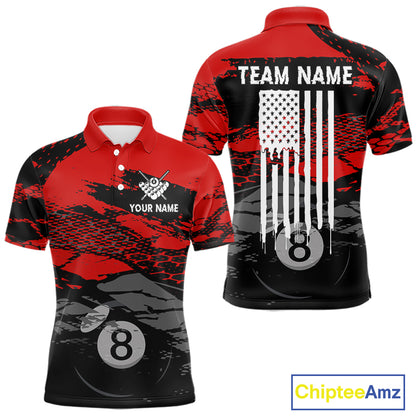 Grunge Black & Red 8 Ball men's billiard polo with vintage USA flag graphics, personalized pool league jersey, custom tournament apparel, patriotic cue sports performance uniform
