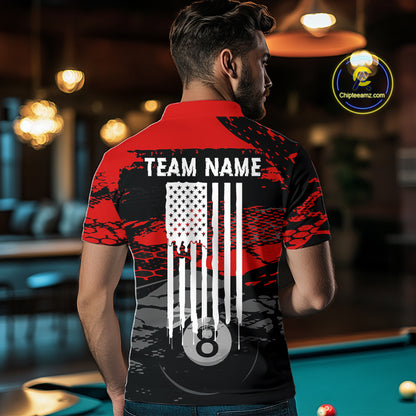 Male model wearing Grunge Black & Red billiard polo, patriotic pool tournament jersey, veteran-inspired cue sports apparel, custom championship league uniform