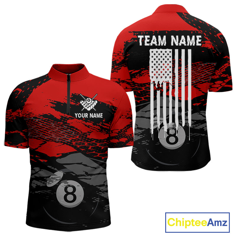 Grunge Black & Red men's quarter-zip pool jersey with grunge USA artwork, personalized billiard tournament apparel, custom league performance uniform, patriotic sportswear