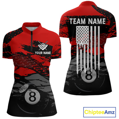 Grunge Black & Red women's quarter-zip billiard jersey featuring distressed American Flag design, custom tournament shirt, patriotic pool league apparel, championship cue sports clothing