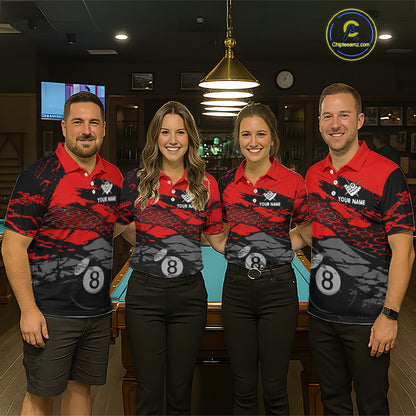 Matching Grunge Black & Red billiard team jerseys with American Flag artwork, patriotic APA tournament uniforms, veterans event apparel, championship cue sports team clothing, matching league jerseys