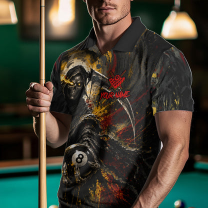 Male model wearing Grim Reaper billiard polo, custom gothic pool tournament jersey, biker-inspired cue sports apparel, personalized championship league clothing