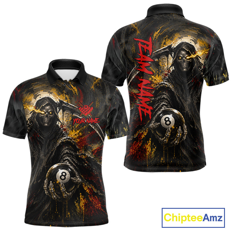 Grunge Yellow & Red Grim Reaper men's billiard polo with dramatic skull artwork, personalized 8 Ball tournament jersey, gothic league apparel, custom cue sports performance clothing