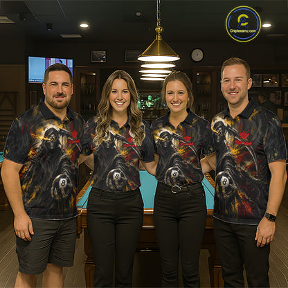 Coordinated Grim Reaper billiard team jerseys for men and women, gothic 8 Ball tournament uniforms, biker lifestyle cue sports apparel, personalized championship pool team clothing, matching league jerseys