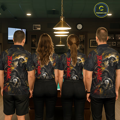 Coordinated Grim Reaper billiard team jerseys for men and women, gothic 8 Ball tournament uniforms, biker lifestyle cue sports apparel, personalized championship pool team clothing, matching league jerseys