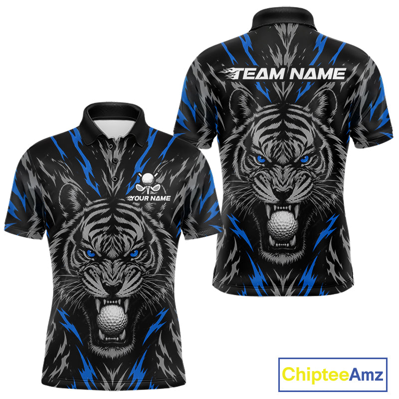 Custom Blue And Grey Tiger Golf Ball Team Attire Funny Golf Polo Golf Shirts For Men NYN3994