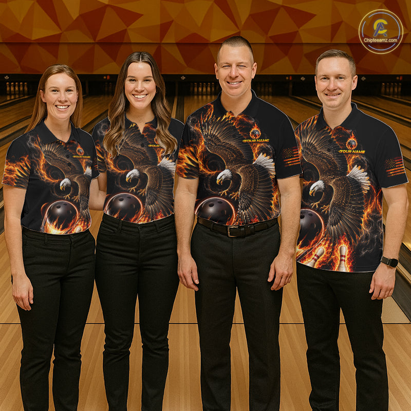 Custom Thunder Bowling Ball Shirt Mens Flame Eagle Bowling Polo Quarter-Zip Shirt | Orange NYN4004