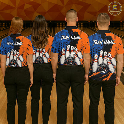 Custom Grunge Orange And Blue Angry Women Bowling Ball & Pins Shirts Funny Bowling Team Outfits NYN3185
