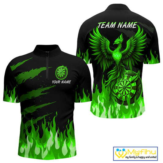 Custom Green Flames Phoenix Dartboard Dart 1/4-Zip Jersey For Men Dart Tournament Team Shirts NYN0981