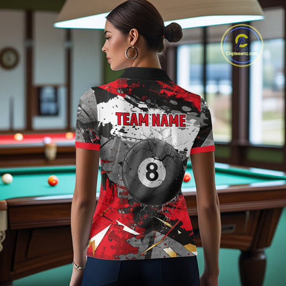 Black, White And Red Grunge Paint Billiard Pool Shirts For Women Custom 8 Ball Billiard Team Attire NYN3019