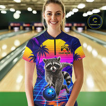 Load image into Gallery viewer, Woman wearing funny raccoon bowling shirt custom summer bowling apparel