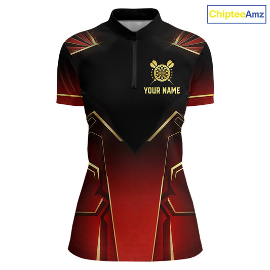 Black, Red And Gold Crown Dartboard Women Darts Polo & 1/4-Zip Shirts Custom Darts Outfits Team Jersey NYN3035