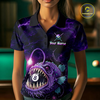 Female model wearing Purple Thunder Anglerfish billiard polo featuring personalized 8 Ball tournament jersey, professional cue sports apparel, deep-sea fantasy artwork, athletic performance clothing for APA, BCA and VNEA competitions