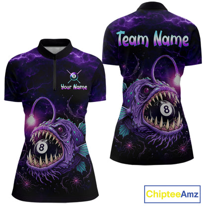 Custom Name Anglerfish women's quarter-zip billiard jersey featuring Purple Thunder lightning, deep-sea anglerfish artwork, personalized pool tournament shirt, premium cue sports apparel, championship performance quarter-zip uniform
