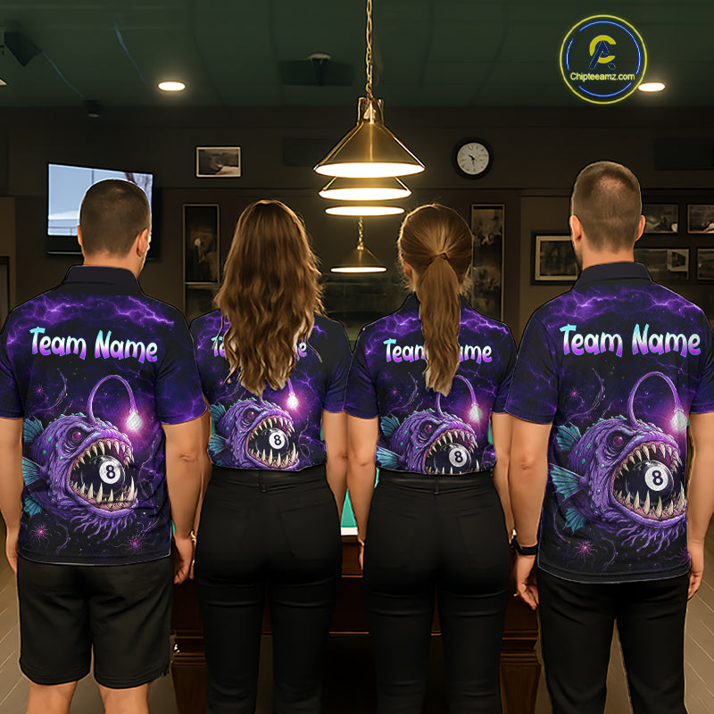 Men and women wearing matching Purple Thunder Anglerfish billiard jerseys for APA, BCA and VNEA tournaments, personalized cue sports uniforms featuring deep-sea predator symbolism representing resilience, courage, determination and focus, appealing to fishing enthusiasts, marine wildlife lovers, fantasy fans, gamers and outdoor adventure communities