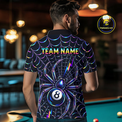 Male model wearing Rainbow Neon Spider pool jersey featuring vibrant spider web graphics, personalized tournament apparel, cue sports performance clothing inspired by fantasy art, gaming and streetwear