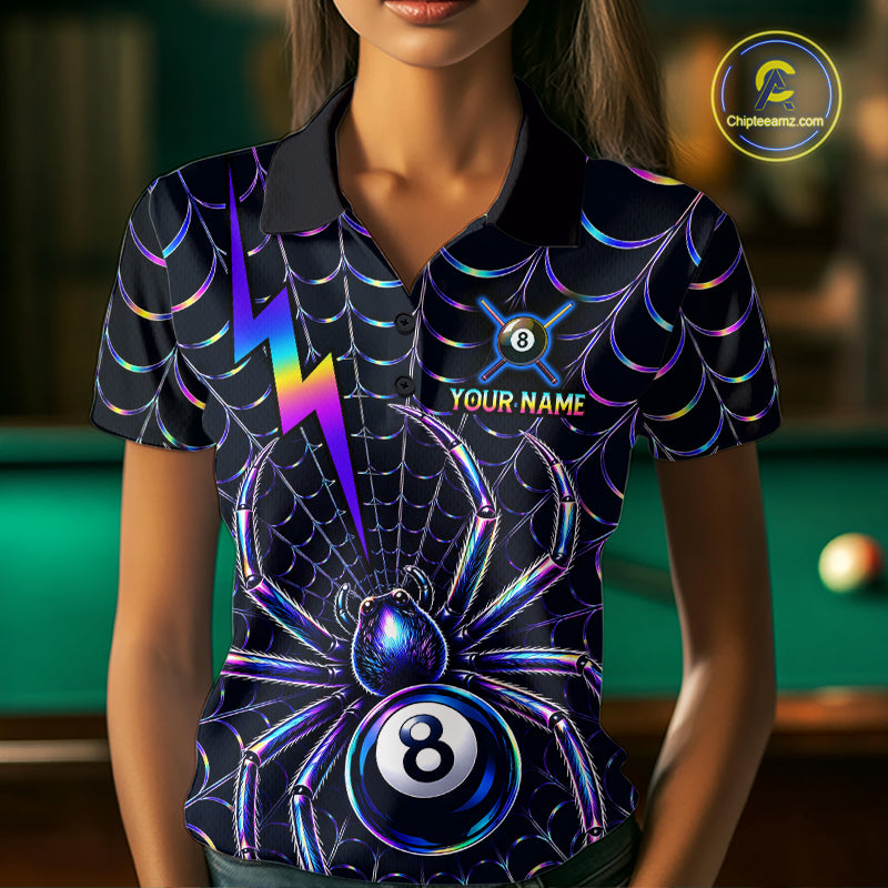 Female model wearing Rainbow Neon Spider billiard polo featuring personalized 8 Ball jersey, colorful cue sports apparel, modern neon artwork, performance clothing for APA, BCA and league competition