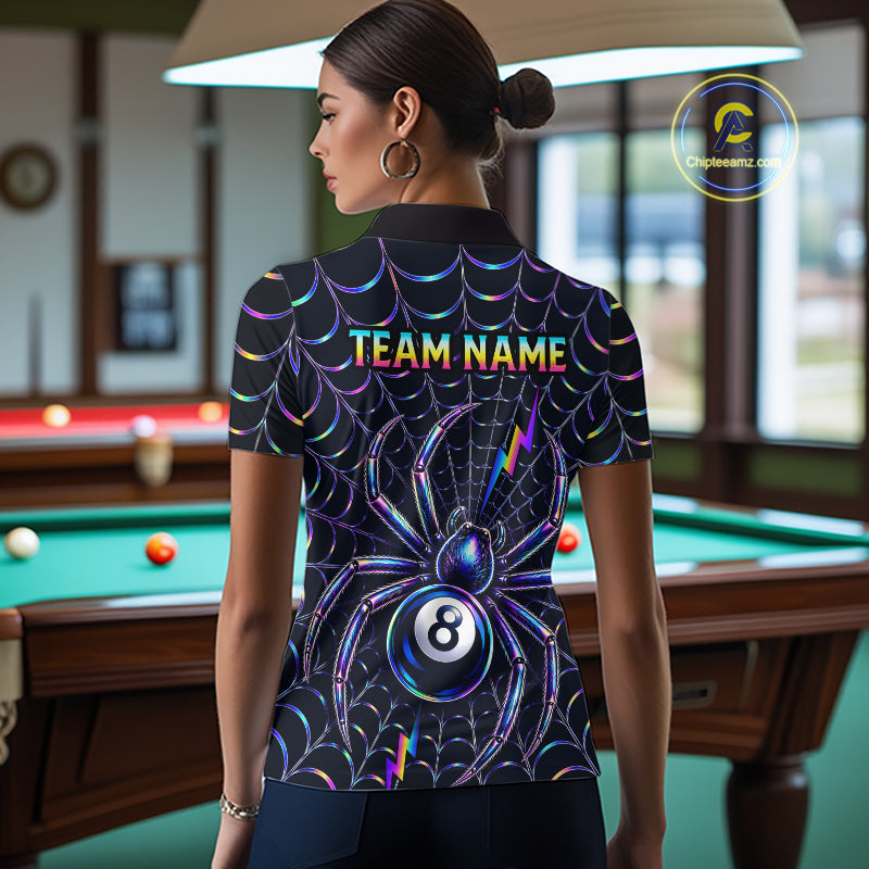 Female model wearing Rainbow Neon Spider billiard polo featuring personalized 8 Ball jersey, colorful cue sports apparel, modern neon artwork, performance clothing for APA, BCA and league competition