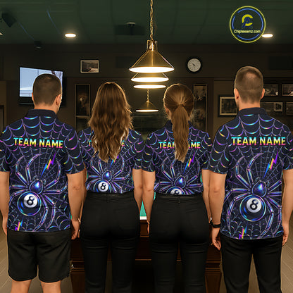 Matching Rainbow Neon Spider billiard jerseys for men and women featuring colorful neon spider web artwork symbolizing creativity, patience, precision and strategic thinking, appealing to Halloween lovers, tattoo enthusiasts, gamers, comic fans, fantasy art collectors, esports communities and competitive cue sports teams