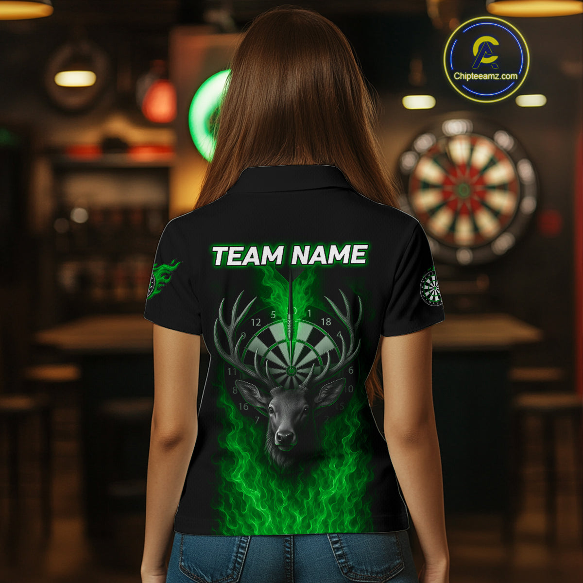 Custom Green Flames Dartboard Deer Funny Dart Women Polo Shirt Dart Team Jerseys NYN1634