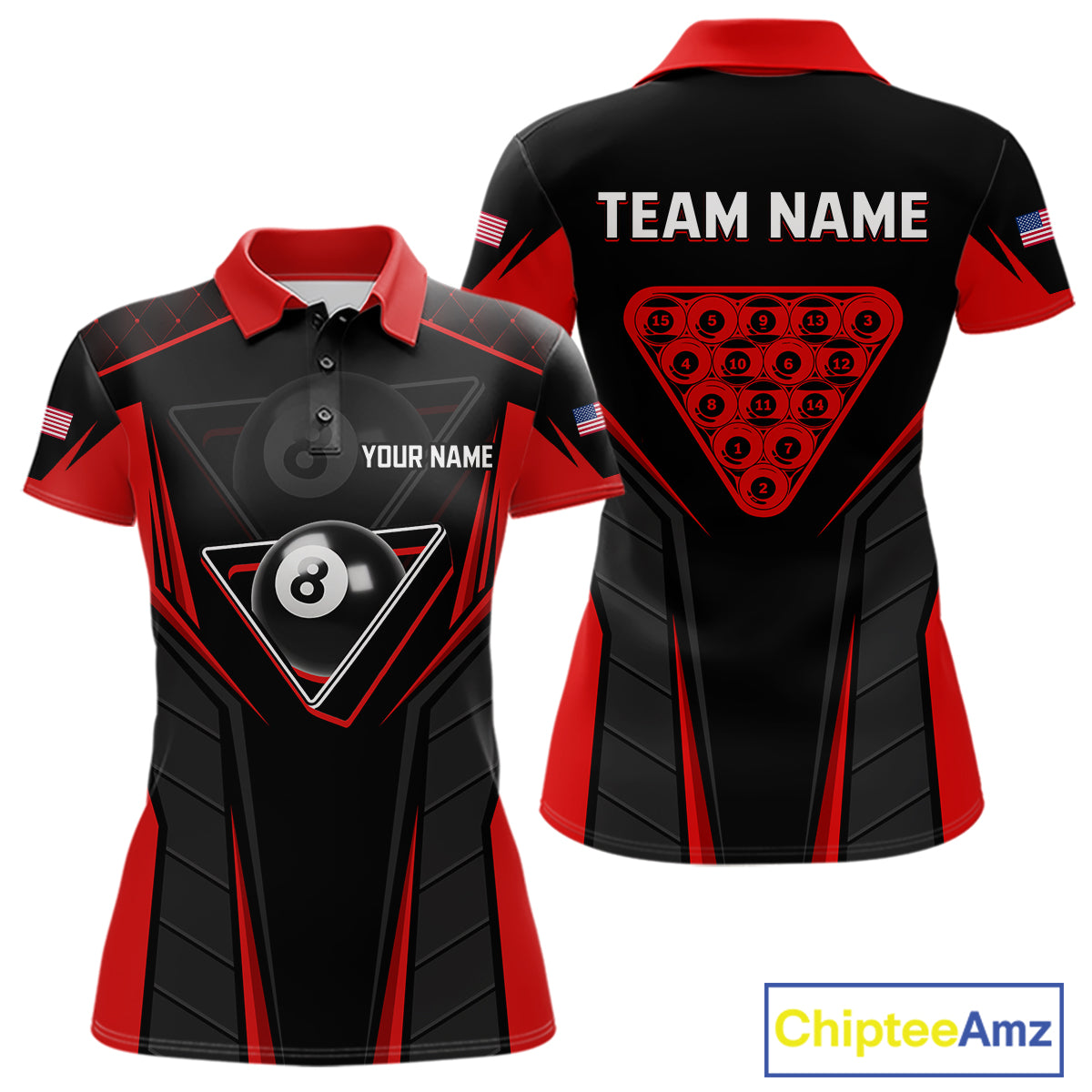 Black And Red Billiard Ball Pool Women Polo & 1/4-Zip Shirt Custom 8 Ball 3D Billiards Jerseys NYN2451