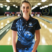 Load image into Gallery viewer, Female model wearing blue water flame bowling ball and pins shirt custom bowling team jersey for league bowlers