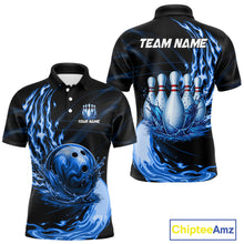 Load image into Gallery viewer, Men's blue water flame bowling ball and pins polo shirt mockup custom bowling team jersey