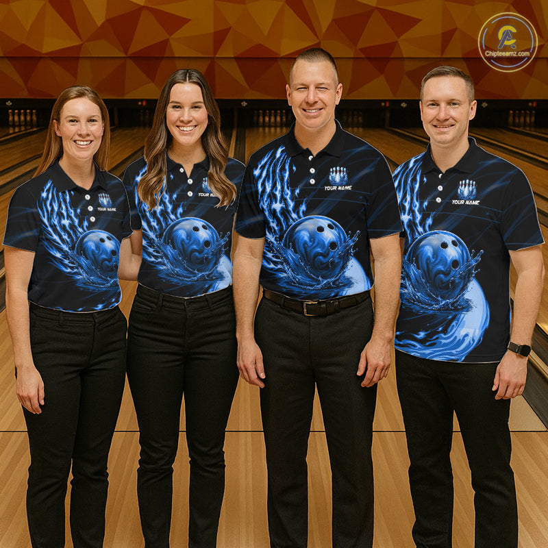 Bowling team wearing blue water flame bowling ball and pins shirts custom bowling team jerseys