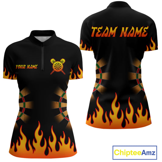 Women's Personalized Darts Shirt With Black Flame Pattern And Fiery Dartboard NYN0265
