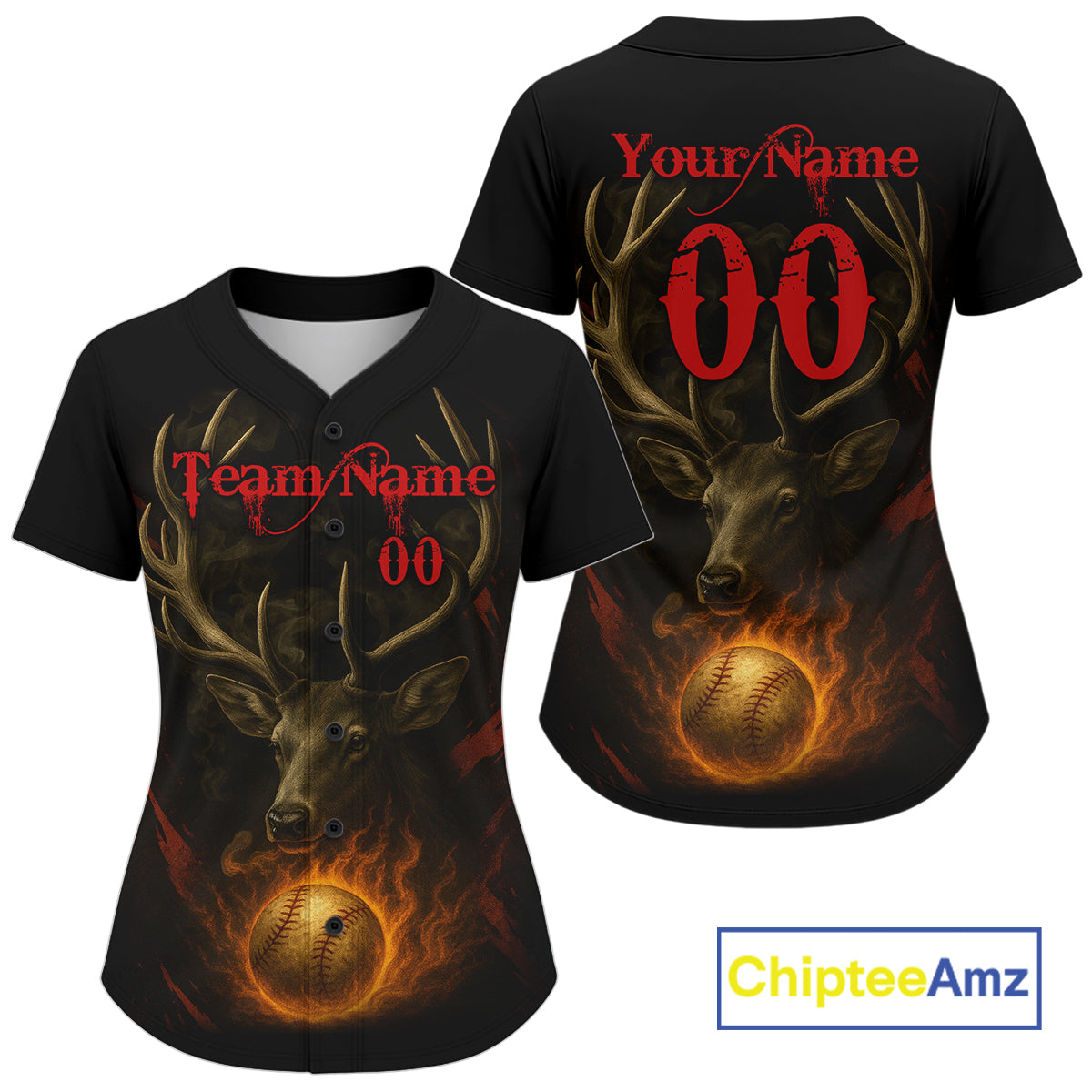 Custom Black And Red Deer Flames Baseball Ball Jerseys For Women Baseball Team Jerseys NYN1396