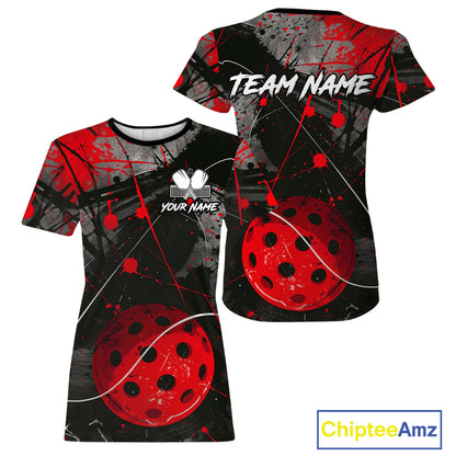 Custom Black Grunge Red Pickleball Ball T-Shirt For Women Splatter Pickleball Jerseys NYN2481