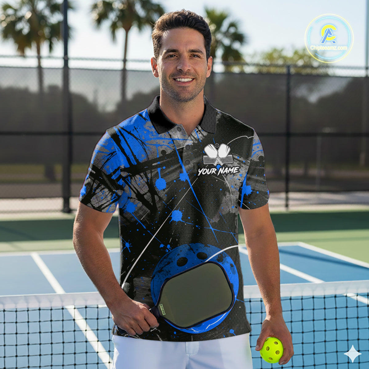 Custom Black Grunge Blue Pickleball Ball T-Shirt For Men Splatter Pickleball Jerseys NYN2482
