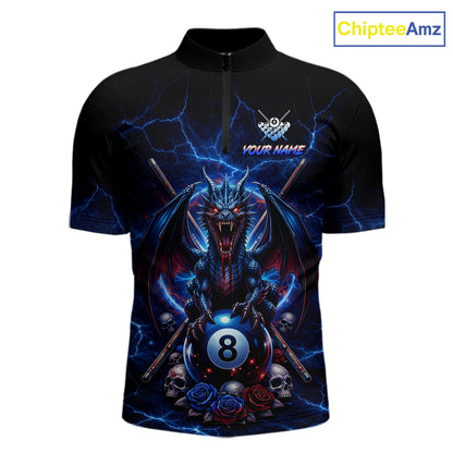 Custom Dragon Roses 8 Ball Billiard Pool Shirt For Men Thunder Blue Red Skull Team Billiard Jersey NYN3068