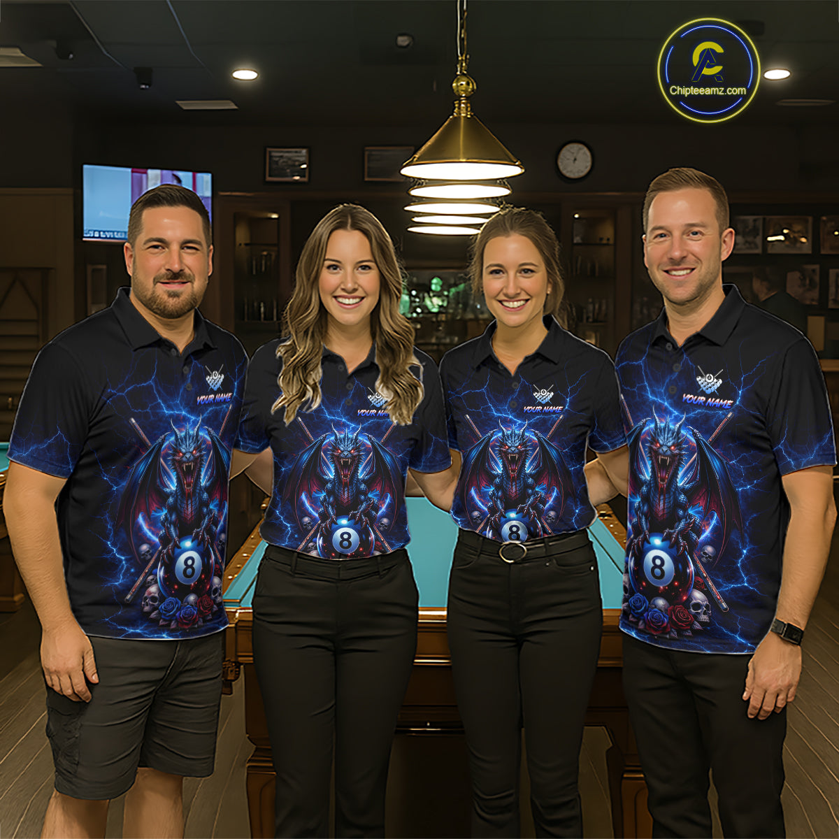 Custom Dragon Roses 8 Ball Billiard Pool Shirt For Men Thunder Blue Red Skull Team Billiard Jersey NYN3068