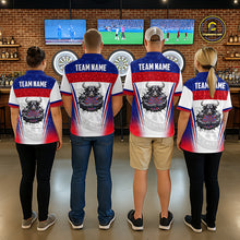 Load image into Gallery viewer, Men's dart team wearing patriotic bull American flag dart jerseys tournament apparel
