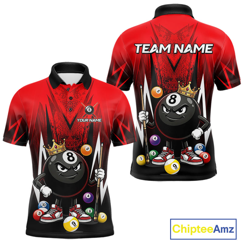 Black & Red Funny Crown 8 Ball Billiard Shirt For Men Custom 8 Ball Pool Polo & 1/4 Zip Jersey NYN3785