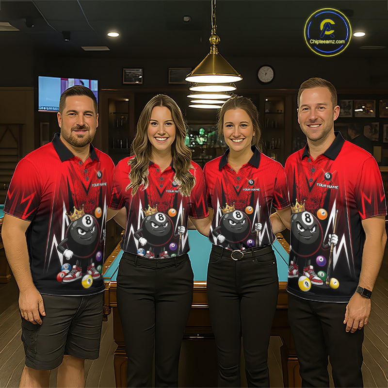 Black & Red Funny Crown 8 Ball Billiard Shirt For Men Custom 8 Ball Pool Polo & 1/4 Zip Jersey NYN3785