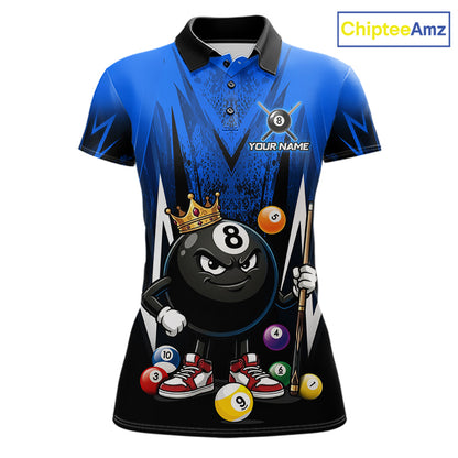 Black & Blue Funny Crown 8 Ball Billiard Shirt For Women Custom 8 Ball Pool Polo & 1/4 Zip Jersey NYN3788