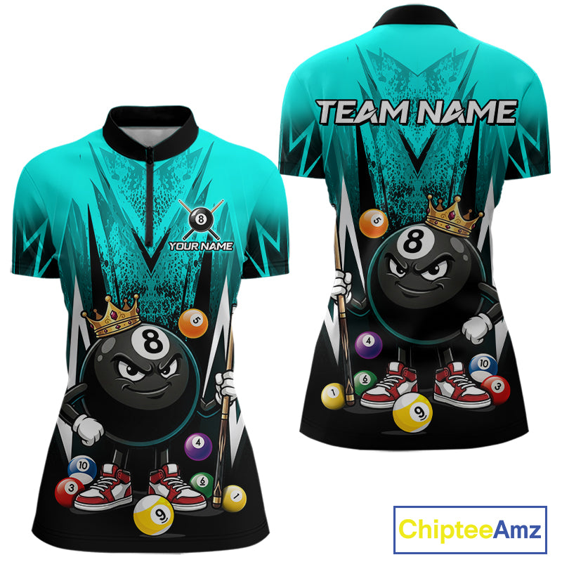 Black & Turquoise Funny Crown 8 Ball Billiard Shirt For Women Custom 8 Ball Pool Polo & 1/4 Zip Jersey NYN3789