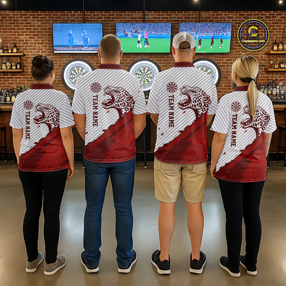 Personalized White And Red Striped Leopard Darts Polo Shirts For Women Dart Team Jerseys NYN2197