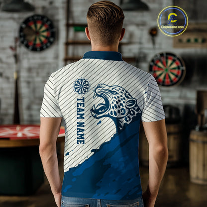 Personalized White And Blue Striped Leopard Darts Polo Shirts For Men Dart Team Jerseys NYN2198