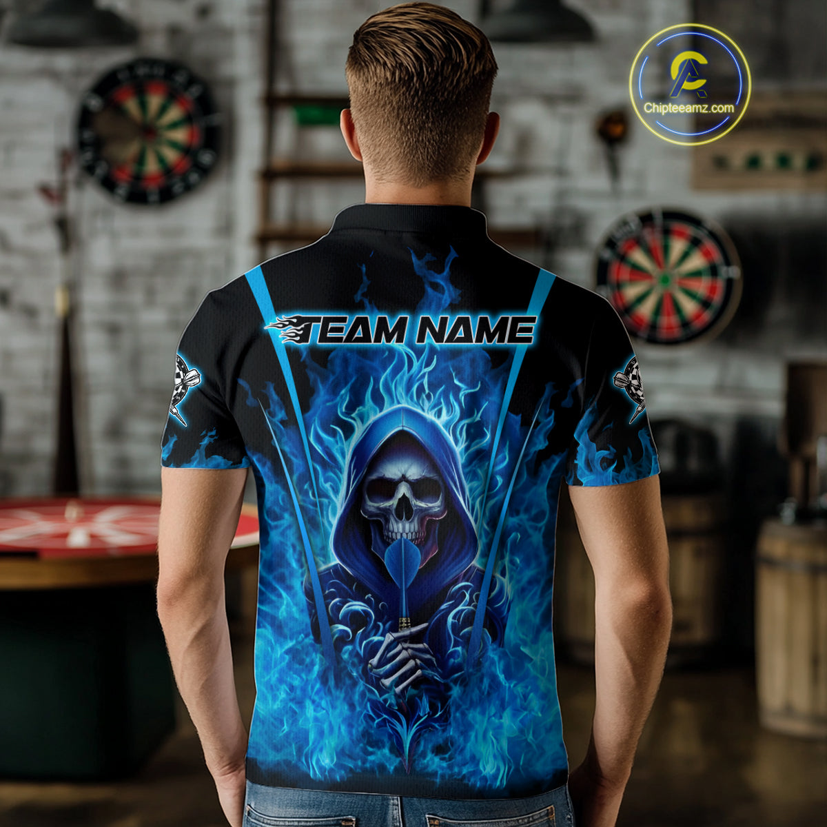 Personalized Blue Flaming Grim Reaper Men Darts Polo League Shirts Outfits Dart Jerseys NYN2208