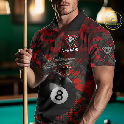 Horror Shark Play Pool 8 Ball Men's Billiard Team Shirt Custom Red Camouflage Billiard Attire NYN2499