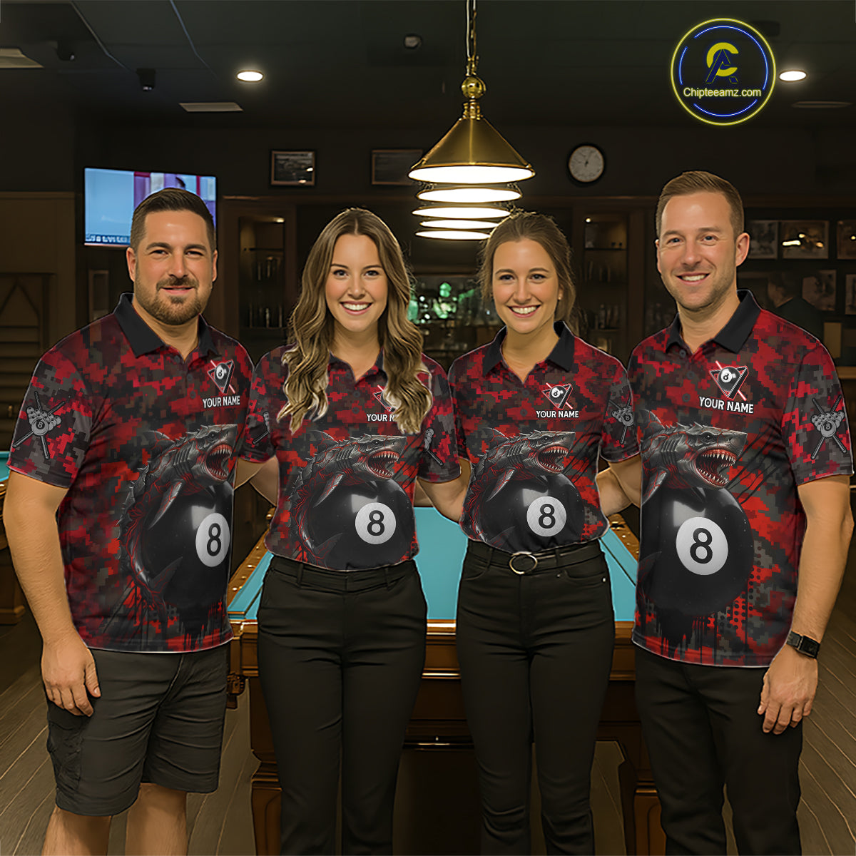 Horror Shark Play Pool 8 Ball Women's Billiard Team Shirt Custom Red Camouflage Billiard Attire NYN2499