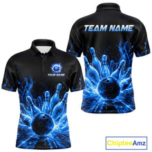 Load image into Gallery viewer, Blue Flames Bowling Ball and Pins men's bowling polo shirt custom thunder lightning bowling team jersey